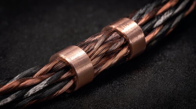Close-up of copper aluminum acoustic cable with twisted metallic strands, detailed industrial wire texture background showing conductivity, durability, and modern audio technology concept with sharp f