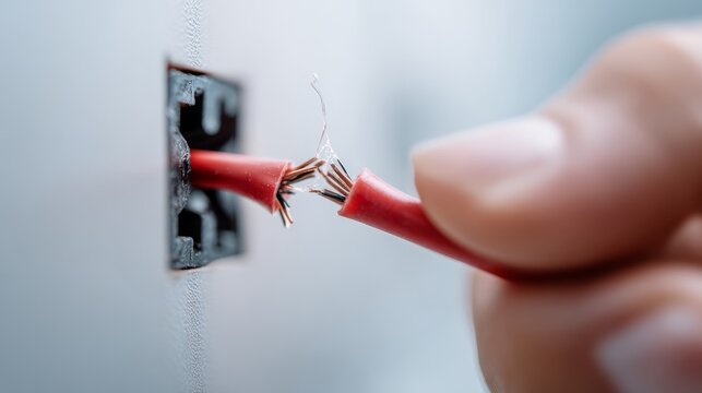Close-up of damaged electrical cable on electronic device with finger pointing at exposed wires, highlighting safety hazard, risk of electric shock, faulty wiring, home appliance danger, maintenance a