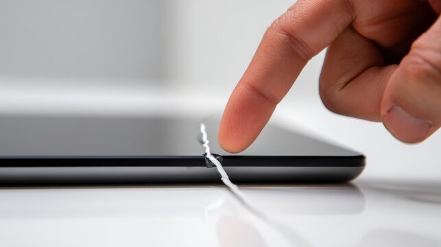 Close-up of damaged electrical cable on electronic device with finger pointing at exposed wires, highlighting safety hazard, risk of electric shock, faulty wiring, home appliance danger, maintenance a