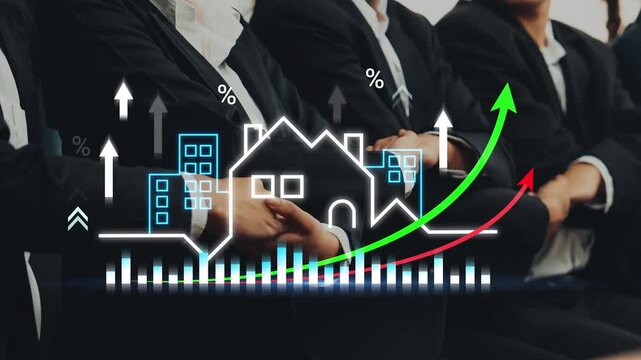 Business professionals seated with financial growth graphs and housing symbols on digital screen signaling real estate market trends and opportunities Gluon.