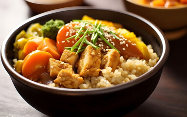 Fototapeta premium A bowl of nutritious food containing vegetables meat rice and sesame seeds on a wooden table with another bowl in the background.