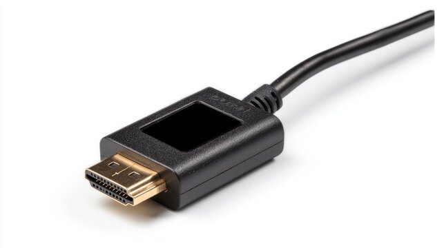 DisplayPort to HDMI adapter converter cable for connecting laptop or desktop computer to monitor, TV or projector, modern video signal conversion accessory, clean isolated white background, close up v