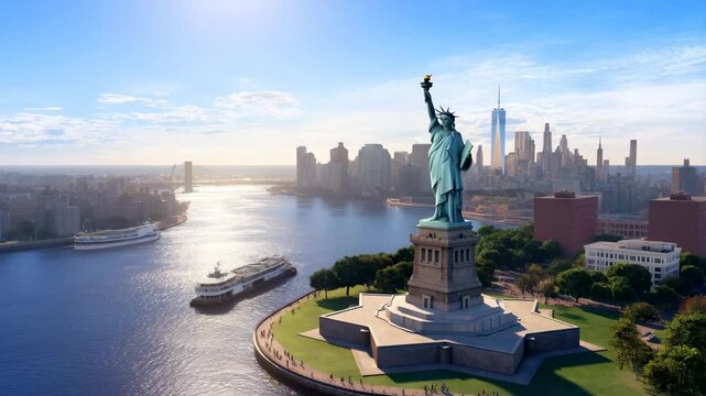 Statue of Liberty with copper green patina on Liberty Island, New York City skyline backdrop, harbor and cityscape