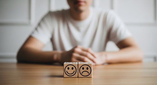 Man sitting at a table with contrasting emotion blocks