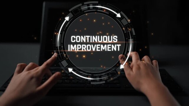 Hands on a Keyboard with Graphic Overlay Symbolizing Continuous Improvement and Progress in Technology and Business in a Modern Digital Workspace Sigmoid