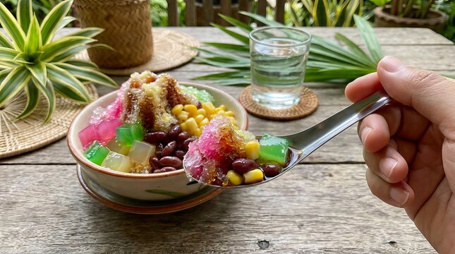A close-up shot of a vibrant and colorful Halo-Halo dessert in a bowl, with a spoonful being lifted, showcasing its diverse ingredients.