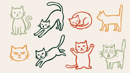 A charming collection of hand-drawn vector cat illustrations, featuring various feline poses and expressions in a doodle art style, perfect for playful designs © !jungkirbaliʞ