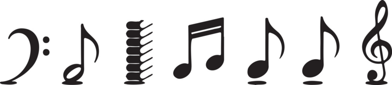 Black musical notes and clef symbols vector set, classic music notation icons, minimalist treble and bass clef elements for sheet music design