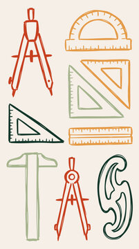 Hand-drawn vector illustration of various geometry and drafting tools, including compasses, rulers, protractors, and set squares, in a vibrant sketch style