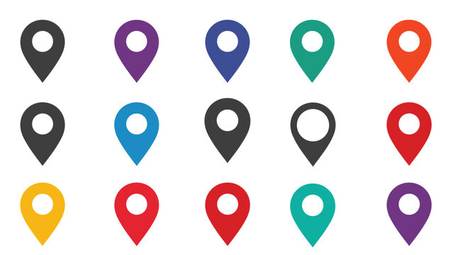 Collection of fifteen colorful map pin icons arranged in three rows, providing a variety of options for location and navigation design.