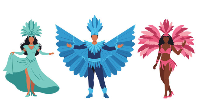 Trio of carnival dancers dressed in vibrant feathered costumes of turquoise, blue, and pink colors for a festive performance.