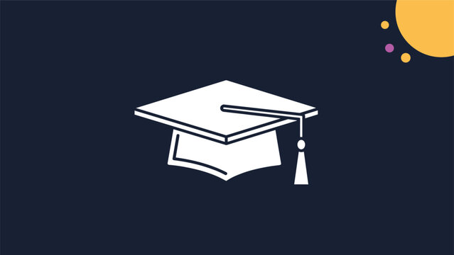 Graduation cap or mortarboard icon is featured prominently on a dark background with decorative elements, symbolizing academic achievement.