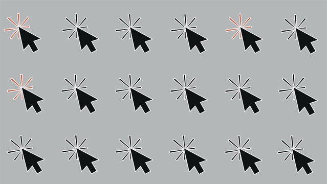 Large set of black mouse cursor arrow icons arranged in three rows over a grey background with some highlighted in red.