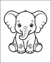 Obraz premium Cute baby elephant sitting alone black line art vector illustration for coloring page or book design