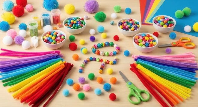 A vibrant set for children's crafts featuring pipe cleaners, beads, and colorful pom poms, showcasing an array of different multi colored supplies and materials for a lively DIY art activity for kids.