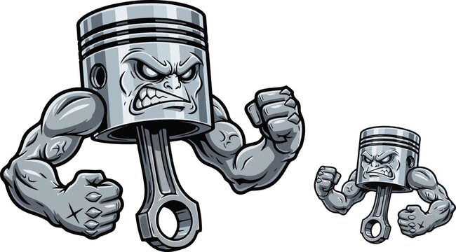 Muscular cartoon engine piston character flexing powerful bicep arms in an aggressive challenging pose illustrating mechanical strength and raw power