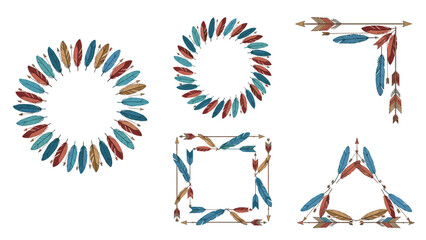 Obraz premium Collection of colorful feather frames and borders in circular, square, and triangular shapes for ethnic and bohemian designs.