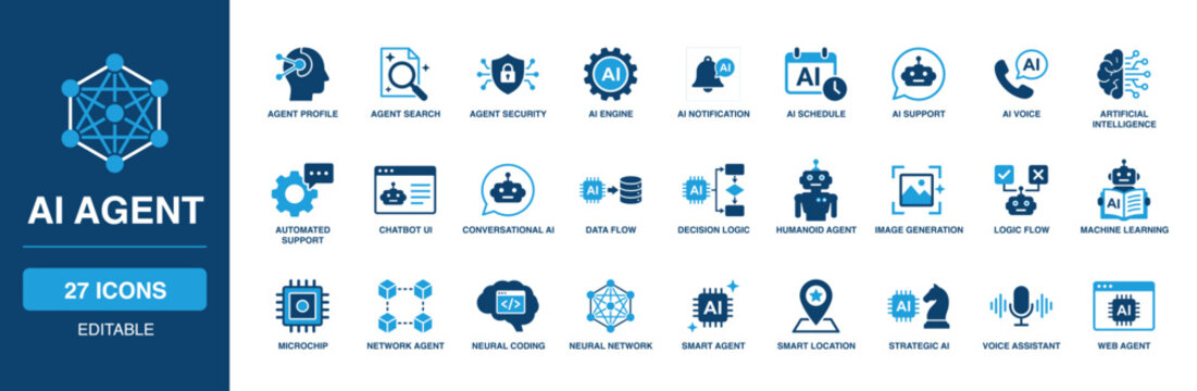Ai Agent solid vector glyph icon set including agent search, ai notification, chatbot ui, conversational ai, humanoid agent, machine learning, neural network, and smart assistant engine.
