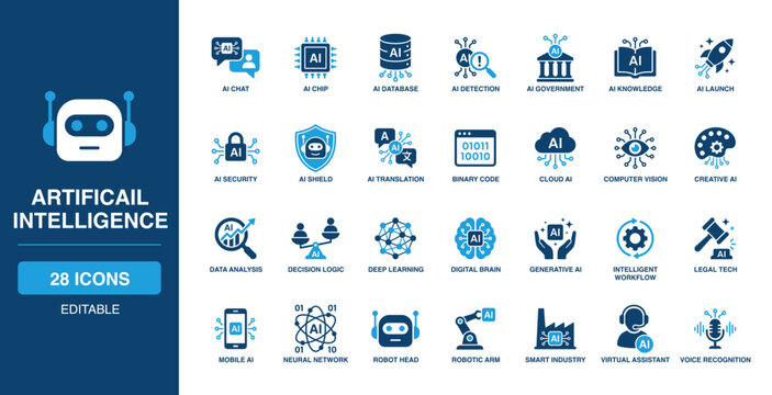 Artificail Intelligence solid vector glyph icon set with ai chip, computer vision, deep learning, generative ai, neural network, robot head, virtual assistant, and machine intelligence.
