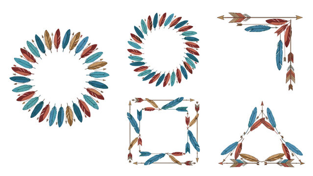 Collection of colorful feather frames and borders in circular, square, and triangular shapes for ethnic and bohemian designs.