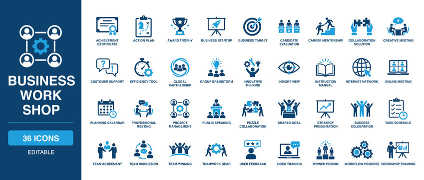 Business Work Shop solid vector glyph icon set including award trophy, career mentorship, project management, success celebration, workshop training, team agreement, and creative meeting.