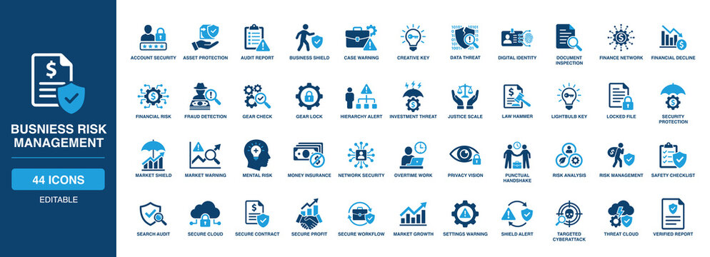 Busniess Risk Management solid vector glyph icon set featuring asset protection, audit report, data threat, fraud detection, security protection, risk analysis, and financial insurance.