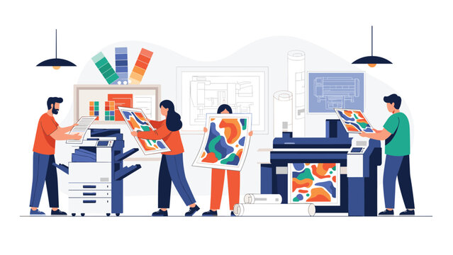 Employees working in a modern print shop using various printing machines to produce colorful posters and documents for clients.