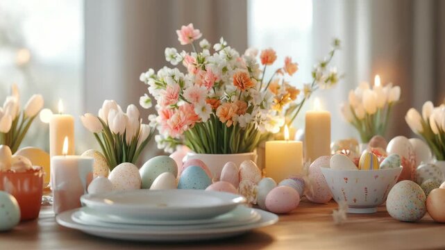 A table with an elegant Easter decoration, featuring colorful candles and flowers, including tulips, which are symbols of spring and renewal.