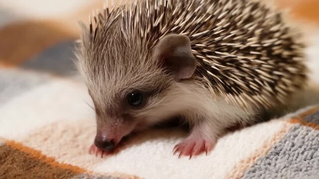 Hedgehog small prickly mammal with tiny paws and dark eyes resting on a patterned blanket, close-up shot