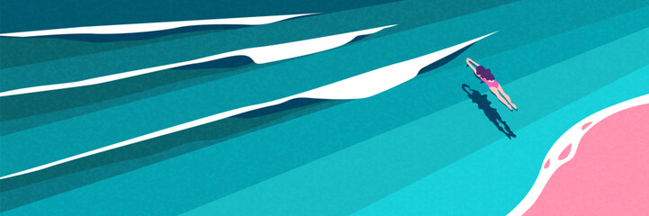 Cute pastel summer banner collection featuring ocean, train and coastal landscape.