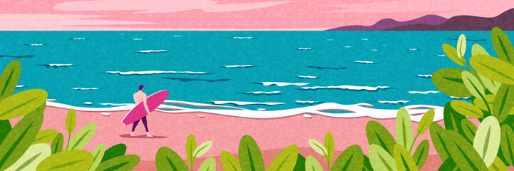 Flat design summer banner set with beach, travel and outdoor scenes.