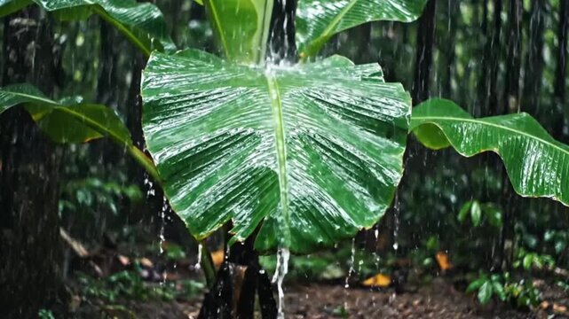 Rain falling on a lush green banana leaf in the rainforest, creating a refreshing atmosphere, natural scene