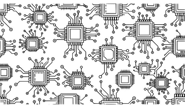 Technology seamless pattern with CPU chip and circuit connections vector black outline microprocessor background isolated on white