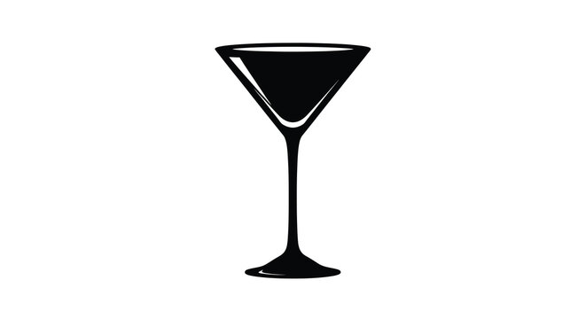 A minimalist black silhouette depicts a classic martini glass showcasing its iconic conical shape and slender stem high quality professional detailed