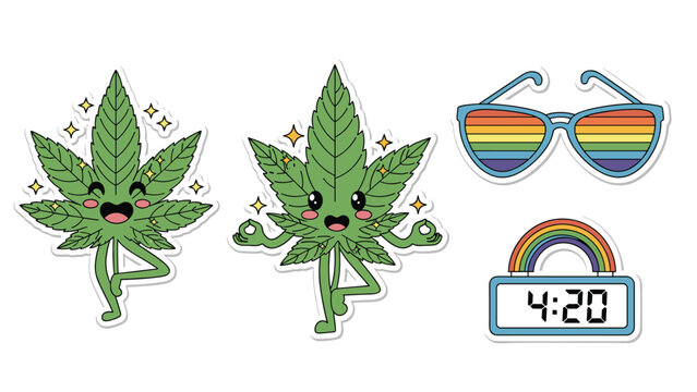 Set of fun stickers with cartoon marijuana leaf meditating and rainbow sunglasses for 420 culture theme and chill lifestyle stickers.
