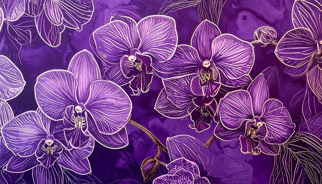 Vibrant purple orchid floral batik pattern with intricate line art design