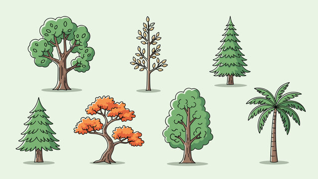 Collection of various types of trees including deciduous pine and palm tree for nature and environment design and outdoor landscapes.