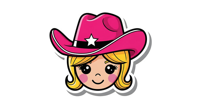 Cute cartoon girl's head with blonde hair wearing a vibrant pink cowboy hat featuring a white star, depicted in a sticker style.