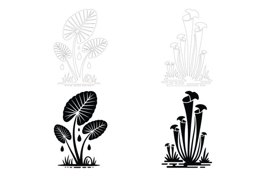 Tropical plants and carnivorous plants silhouette vector art with venus flytrap