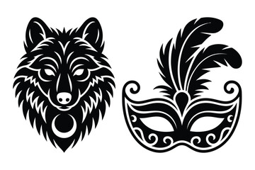 Fototapeta premium Wolf head stencil and masquerade mask silhouette vector graphic