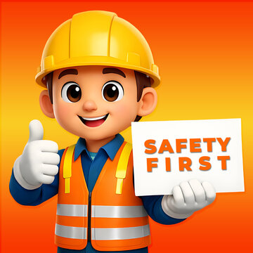 funny cartoon builder holding play card mentioning Safety first message 