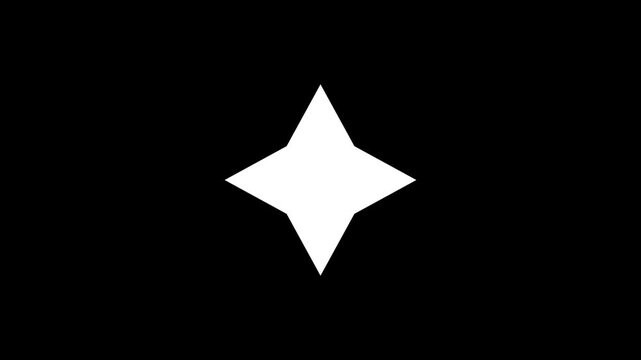 Geometric four-pointed star transition animation. Minimalist black and white sparkle burst effect for cinematic video reveals and motion design.
