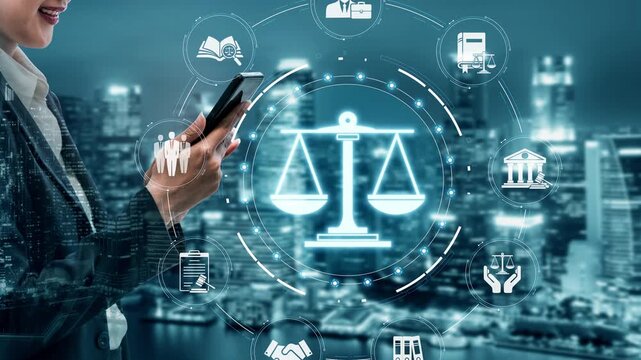 Professional Woman Using Smartphone with Legal Icons in Background, Attorney Concept, Scales of Justice, Cityscape, Digital Technology in Law, Modern Practice Image Sigmoid