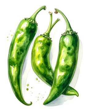 Vibrant Green Chili Peppers - A Watercolor Illustration of Fresh Produce.