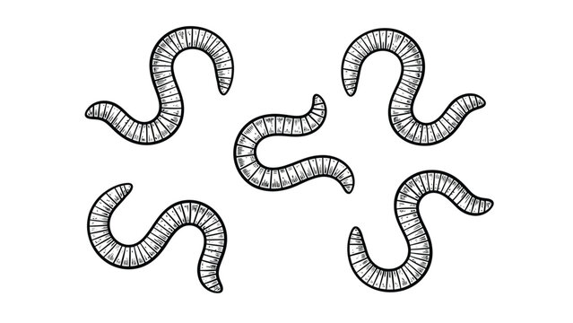 Hand-Drawn Earthworms Set. Vintage Style Wiggling Worm Illustrations for Garden, Fishing Bait, and Compost.