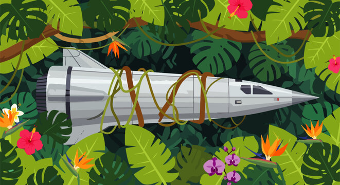 spaceship jungle overgrown rocket crash in a tropical forest hinting at lost technology and abandoned exploration.