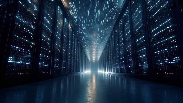 Futuristic data center corridor with rows of glowing server racks. Streams of light represent digital data flow. IT infrastructure, big data, cloud computing
