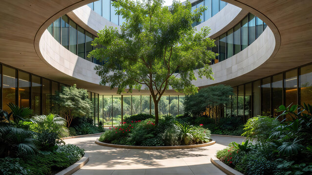A large tree in a courtyard surrounded by glass windows