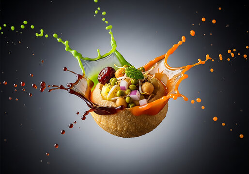 Pani puri with colorful sauce splashes and various toppings floating in air freely
