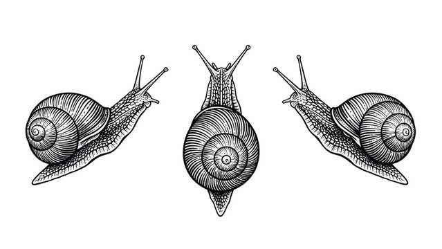 Detailed Engraving Style Snails Illustration. Hand-Drawn Mollusks from Various Angles in Black and White Vintage Art
